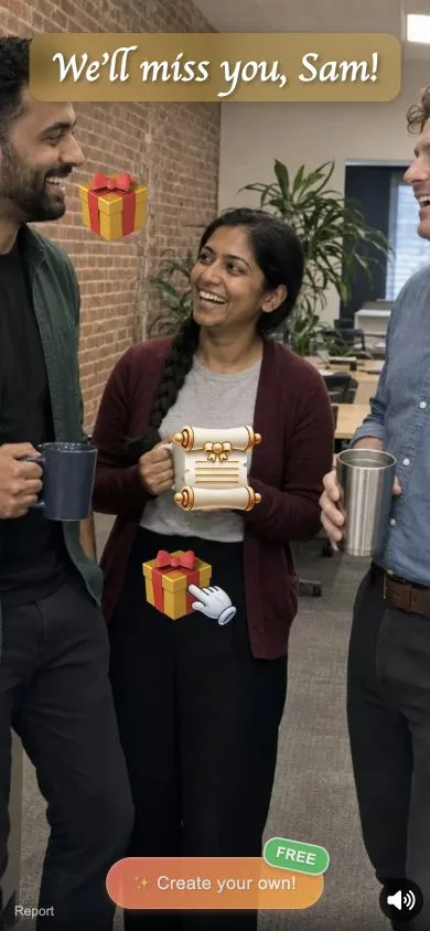 Opened team farewell card with coworker photos and interactive presents